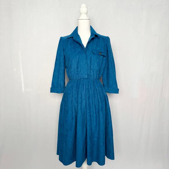 Reworked Vintage 80s S.L. Petites Blue Suede-Look Midi Dress, Size 8 - Picture 1 of 11